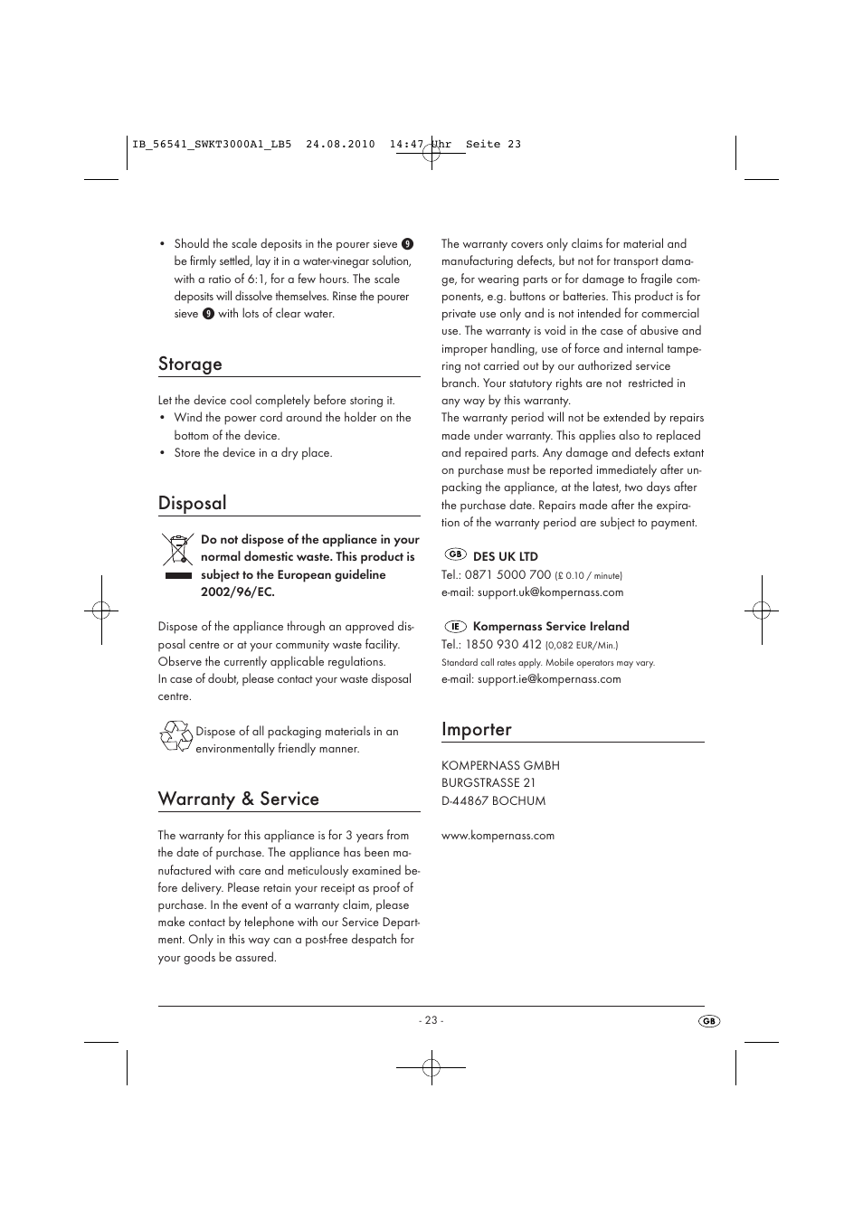 Storage, Disposal, Warranty & service | Importer | Silvercrest SWKT 3000 A1 User Manual | Page 25 / 32