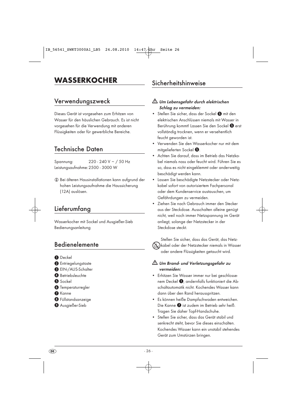 Wasserkocher, Verwendungszweck, Technische daten | Lieferumfang, Bedienelemente, Sicherheitshinweise | Silvercrest SWKT 3000 A1 User Manual | Page 28 / 32