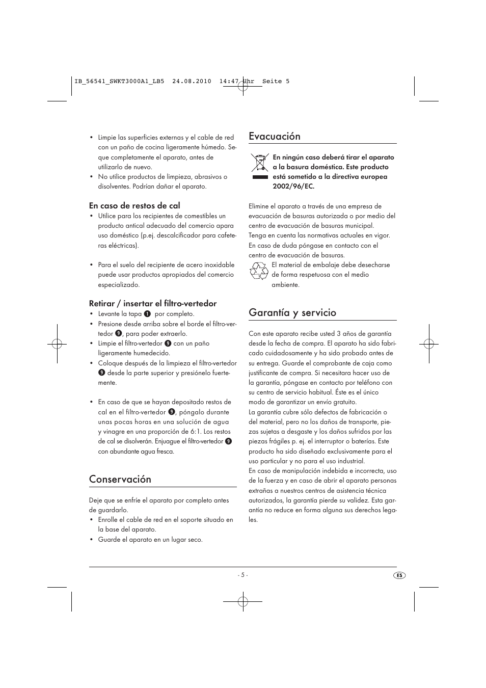 Conservación, Evacuación, Garantía y servicio | Silvercrest SWKT 3000 A1 User Manual | Page 7 / 32