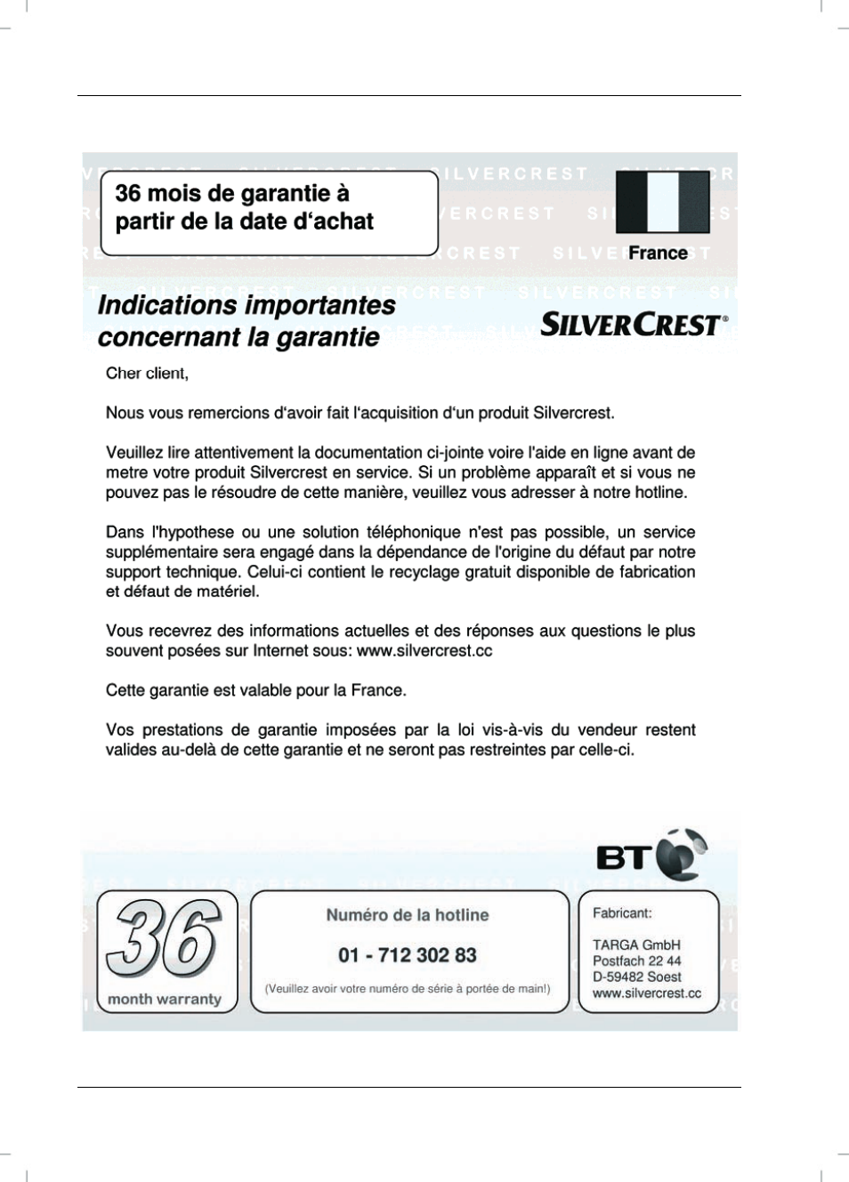 Consignes de garantie | Silvercrest SVG 2.0 A1 User Manual | Page 28 / 58