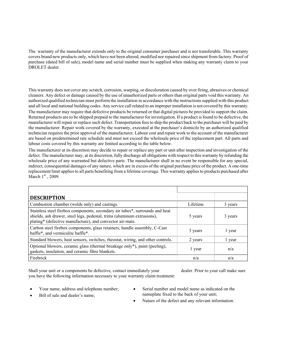 Drolet limited lifetime warranty | Drolet ESCAPE 1800 DB03115 User Manual | Page 48 / 48