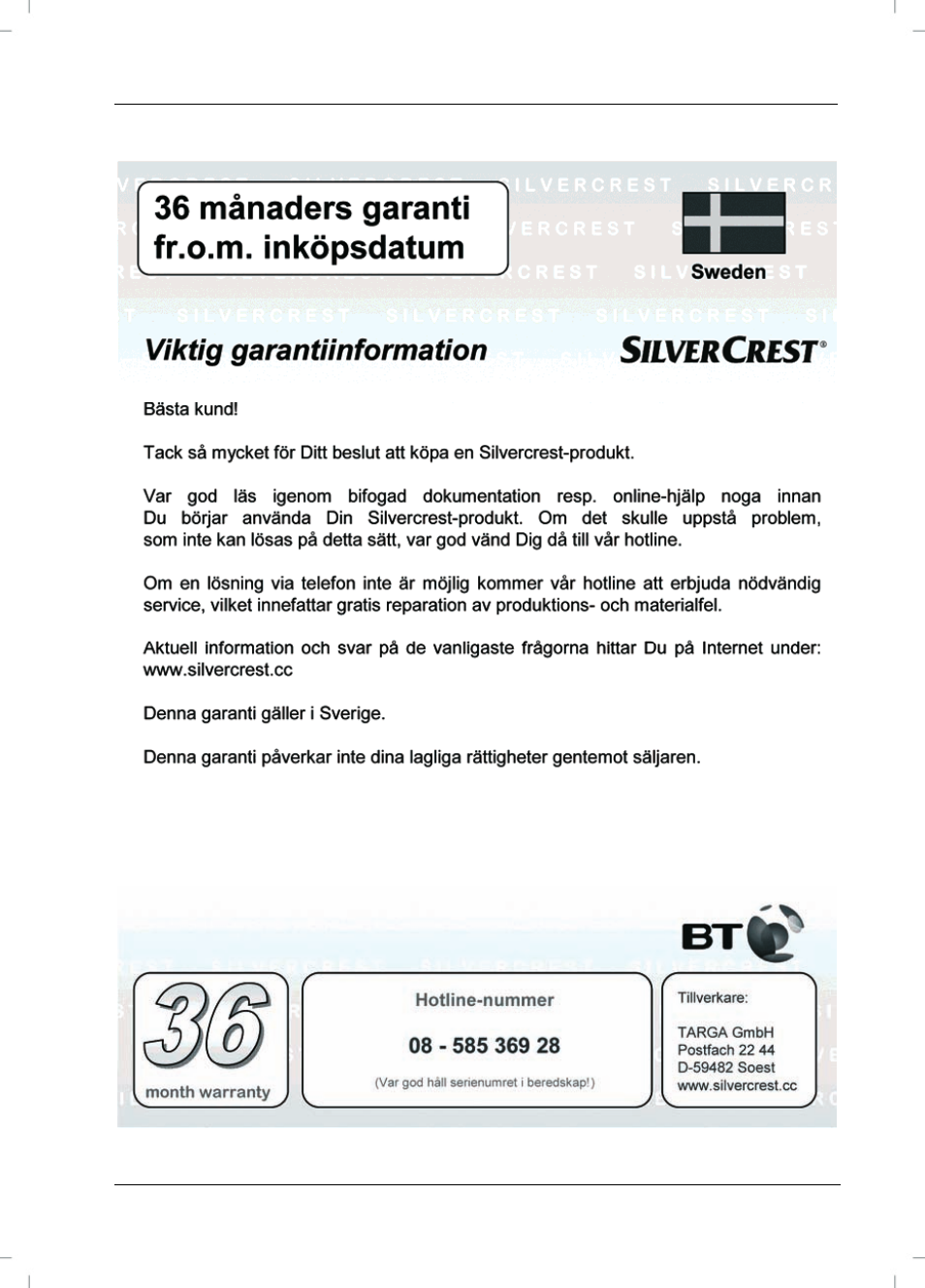 Garantivillkor | Silvercrest SVG 2.0 A1 User Manual | Page 39 / 54