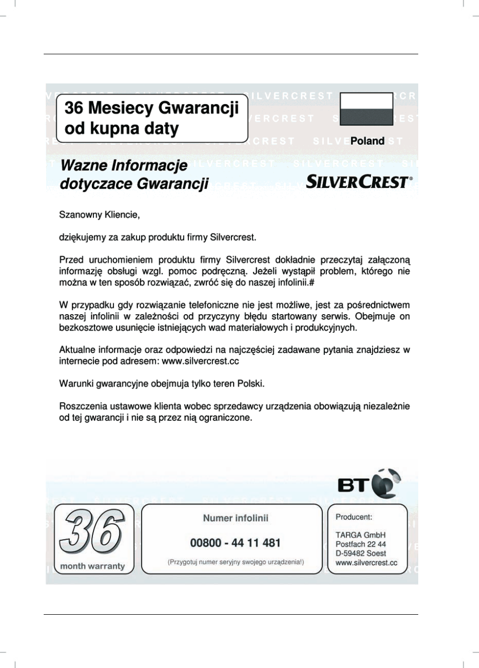 Informacje o gwarancji | Silvercrest SVG 2.0 A1 User Manual | Page 26 / 78