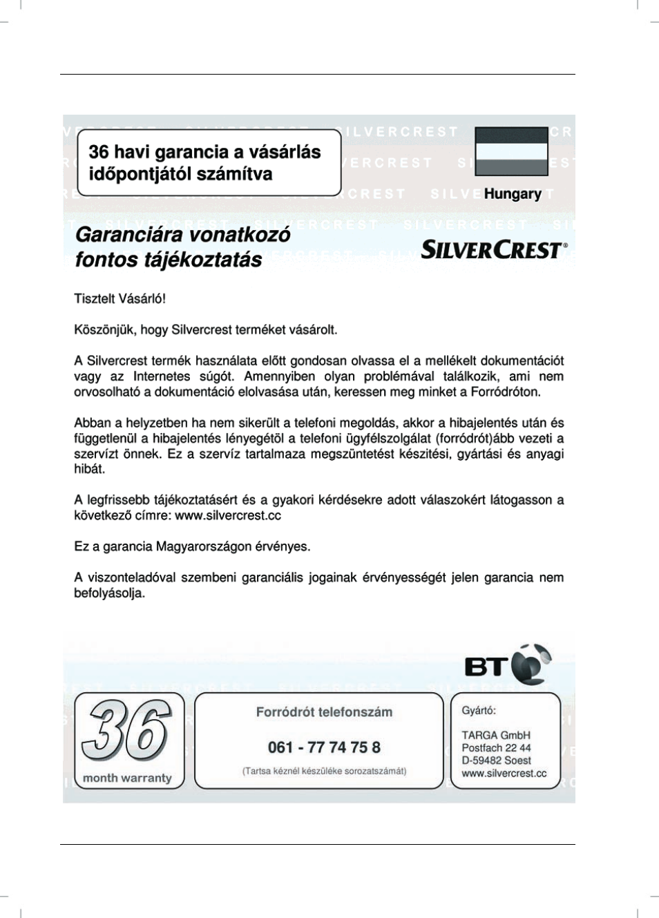 Garanciális feltételek | Silvercrest SVG 2.0 A1 User Manual | Page 38 / 78