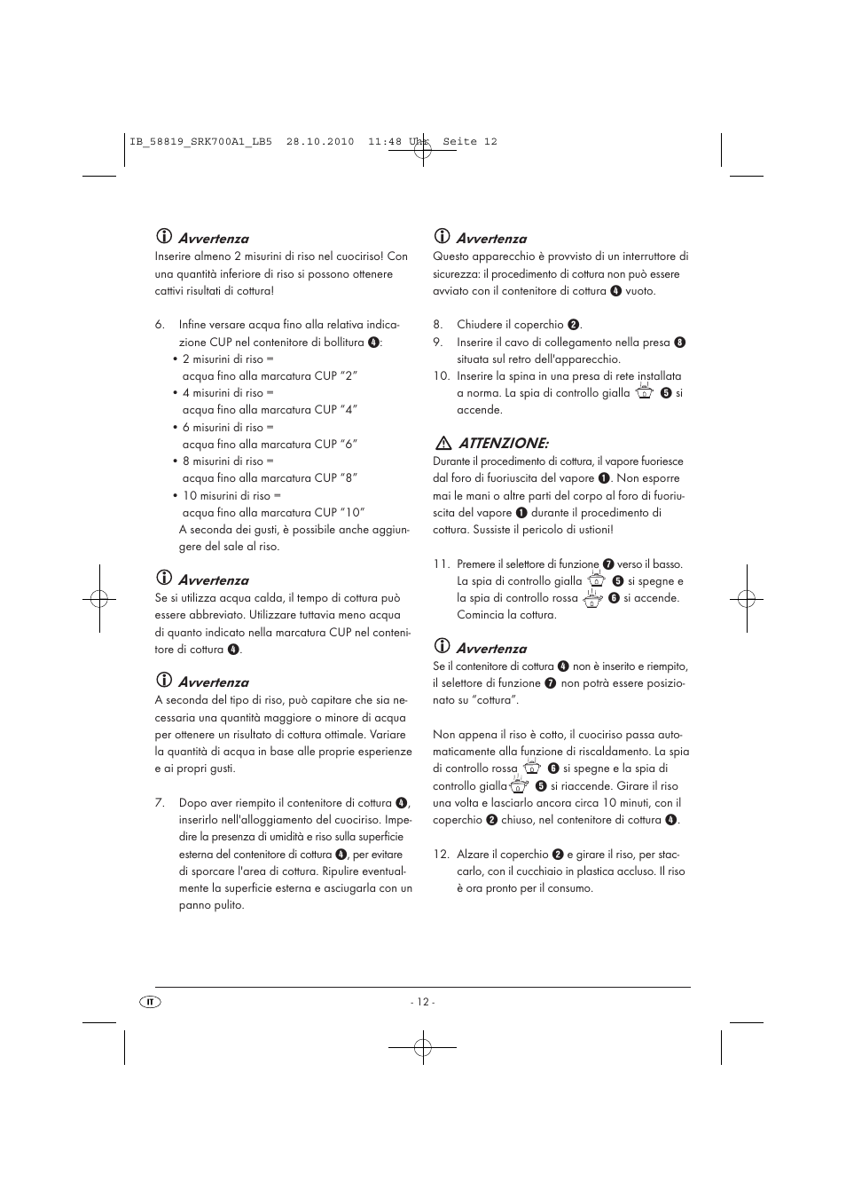 Avvertenza, Attenzione | Silvercrest SRK 700 A1 User Manual | Page 14 / 42