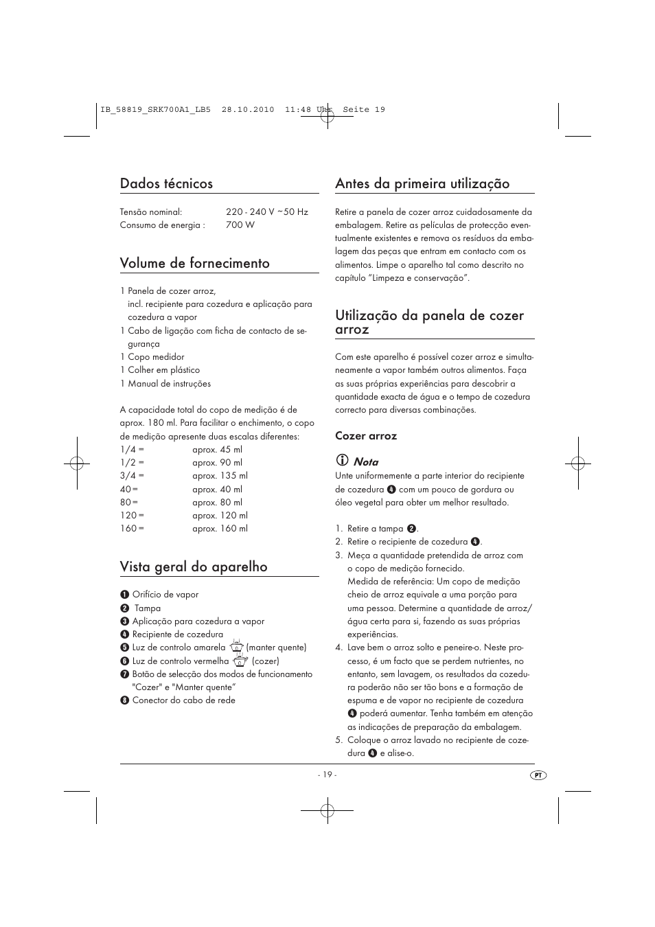 Dados técnicos, Volume de fornecimento, Vista geral do aparelho | Antes da primeira utilização, Utilização da panela de cozer arroz, Cozer arroz nota | Silvercrest SRK 700 A1 User Manual | Page 21 / 42