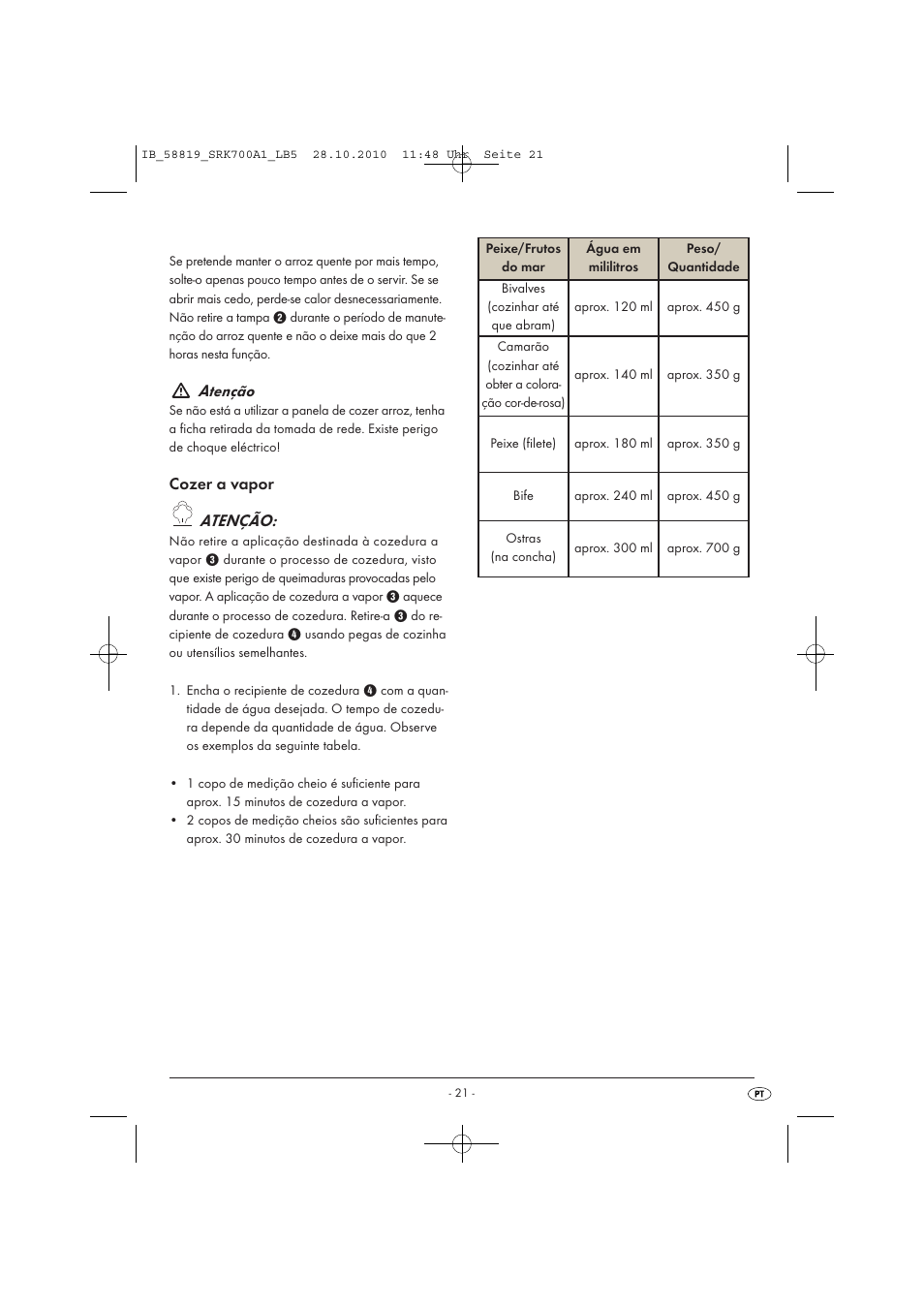 Atenção, Cozer a vapor atenção | Silvercrest SRK 700 A1 User Manual | Page 23 / 42