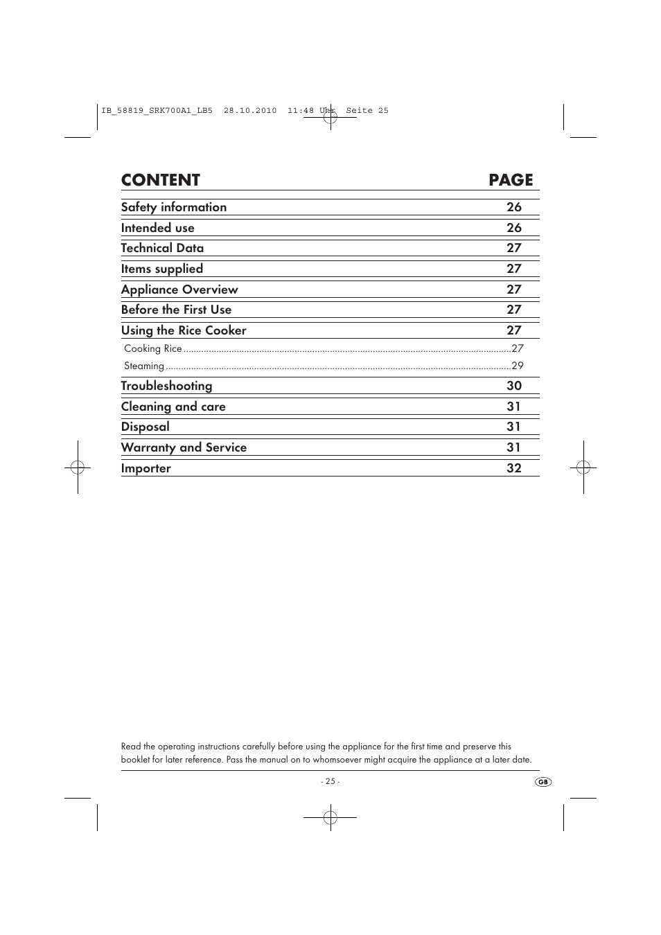 Content page | Silvercrest SRK 700 A1 User Manual | Page 27 / 42