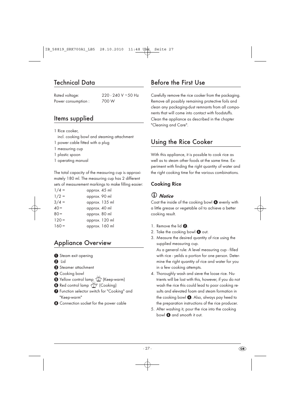 Technical data, Items supplied, Appliance overview | Before the first use, Using the rice cooker, Cooking rice notice | Silvercrest SRK 700 A1 User Manual | Page 29 / 42