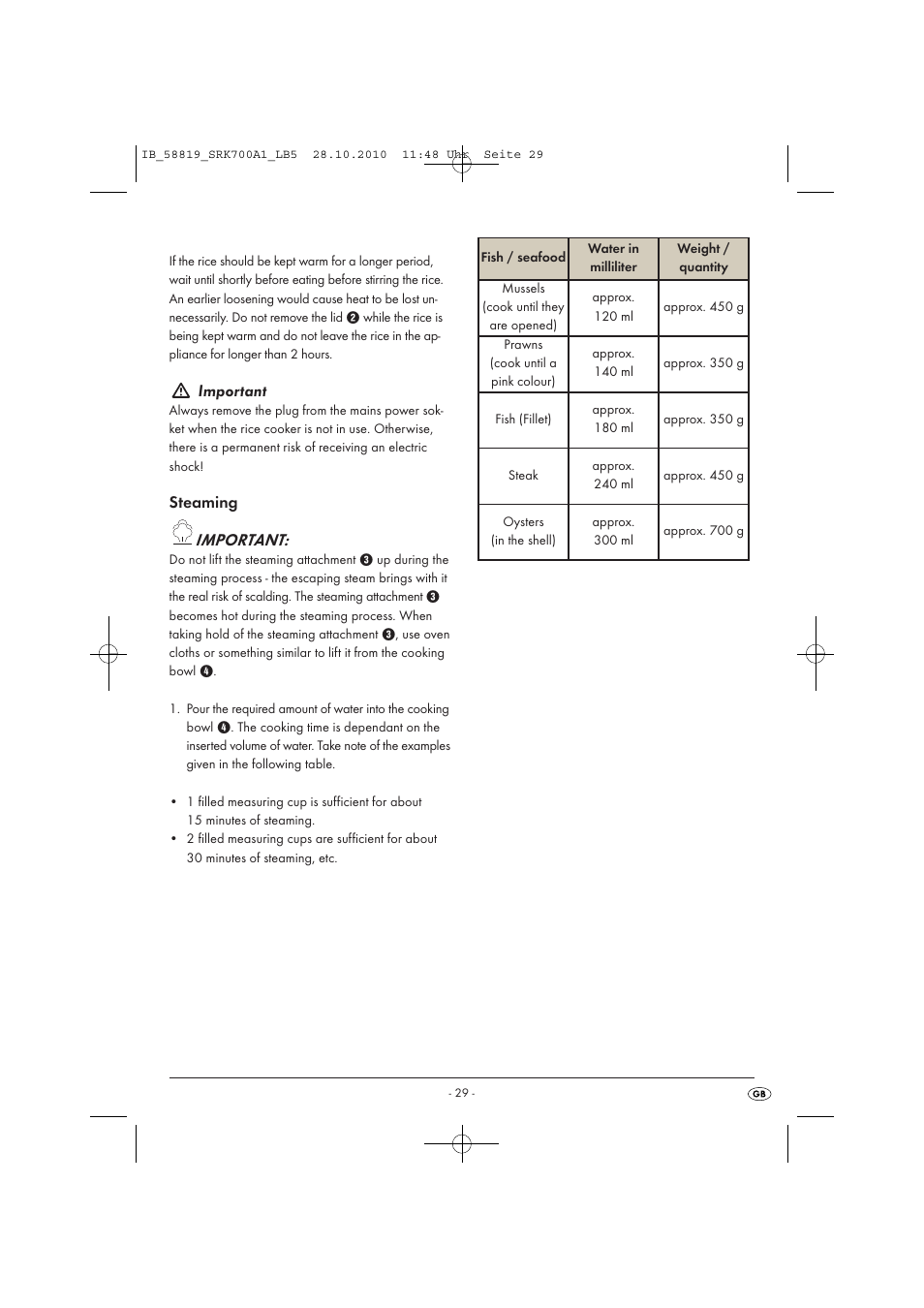 Important, Steaming important | Silvercrest SRK 700 A1 User Manual | Page 31 / 42