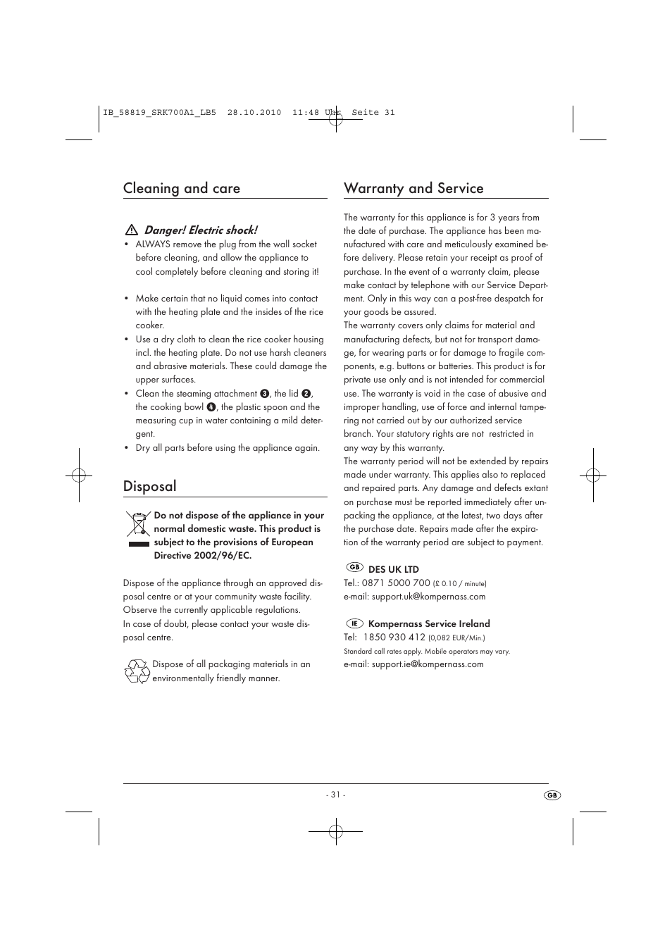 Cleaning and care, Disposal, Warranty and service | Danger! electric shock | Silvercrest SRK 700 A1 User Manual | Page 33 / 42