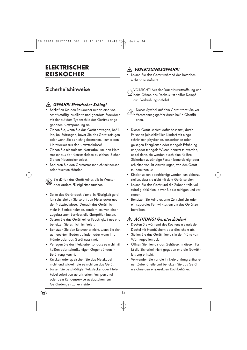 Elektrischer reiskocher, Sicherheitshinweise, Gefahr! elektrischer schlag | Verletzungsgefahr, Achtung! geräteschäden | Silvercrest SRK 700 A1 User Manual | Page 36 / 42
