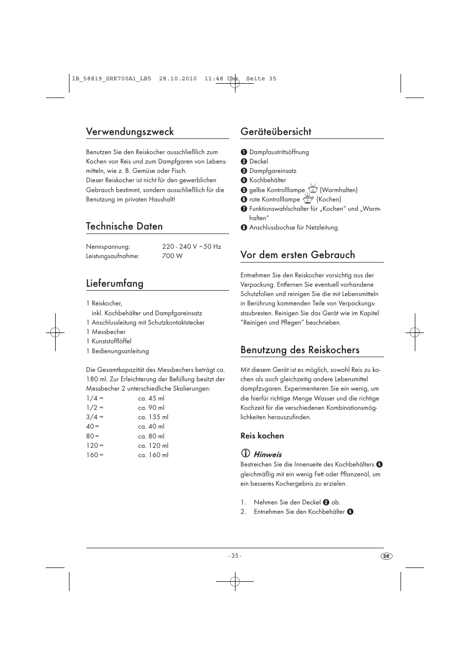 Verwendungszweck, Technische daten, Lieferumfang | Geräteübersicht, Vor dem ersten gebrauch, Benutzung des reiskochers | Silvercrest SRK 700 A1 User Manual | Page 37 / 42