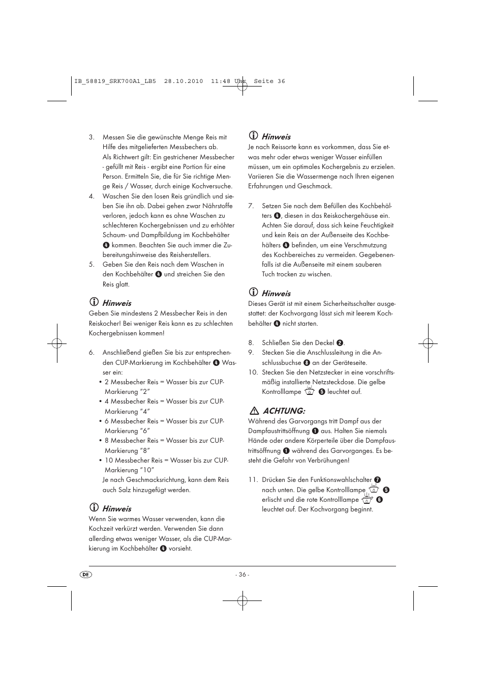 Hinweis, Achtung | Silvercrest SRK 700 A1 User Manual | Page 38 / 42