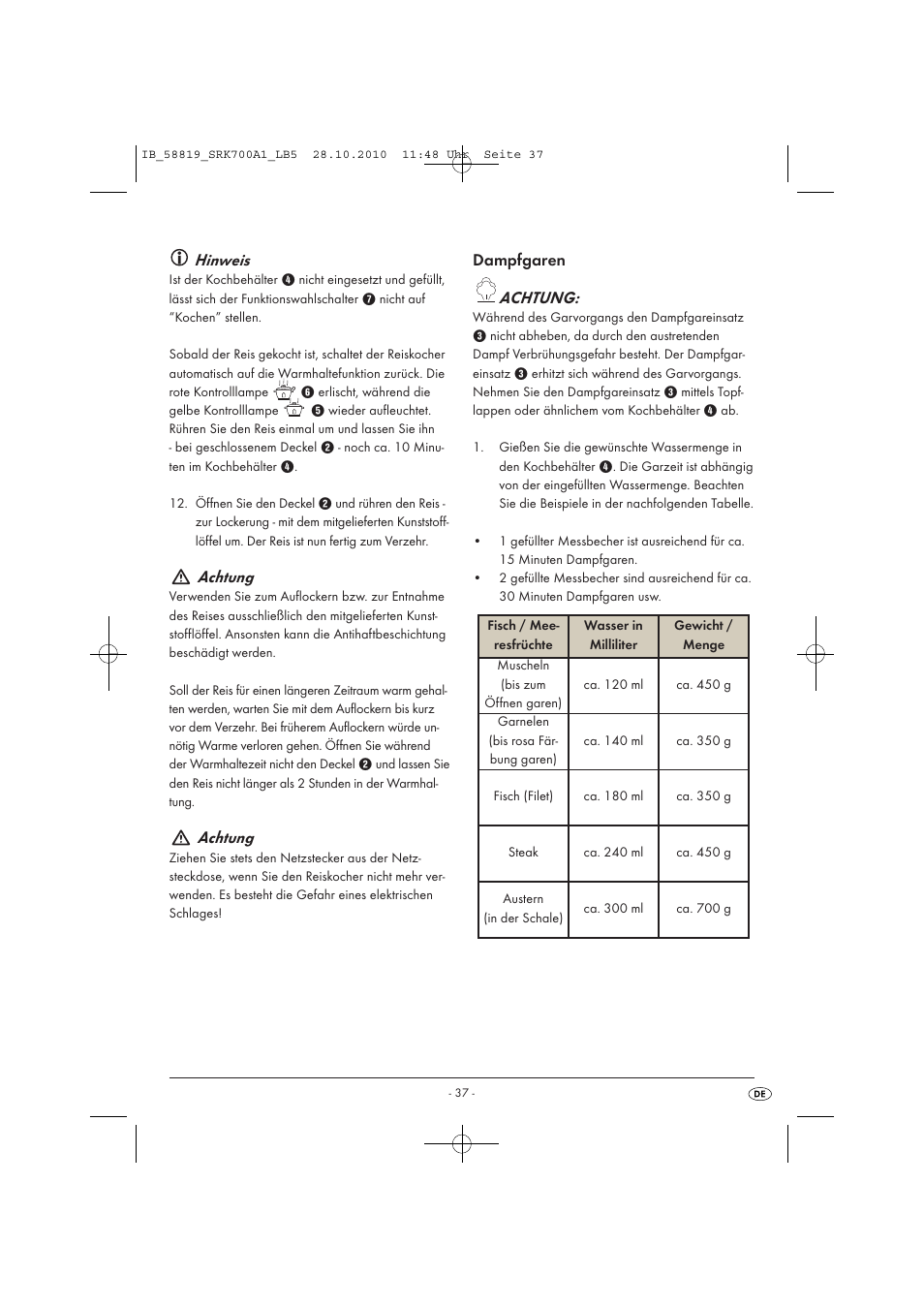 Hinweis, Achtung, Dampfgaren achtung | Silvercrest SRK 700 A1 User Manual | Page 39 / 42