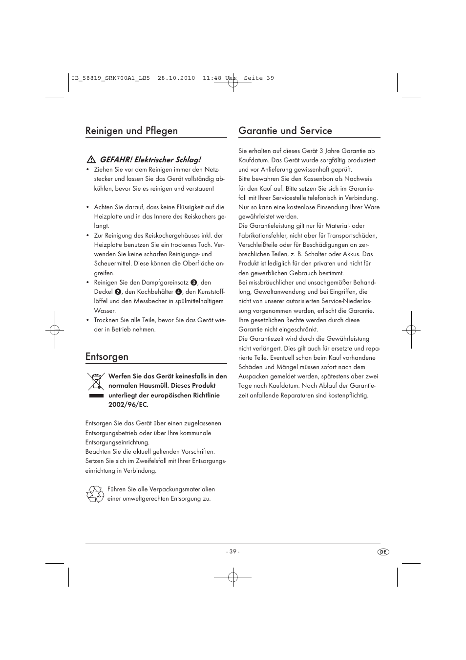 Reinigen und pflegen, Entsorgen, Garantie und service | Silvercrest SRK 700 A1 User Manual | Page 41 / 42