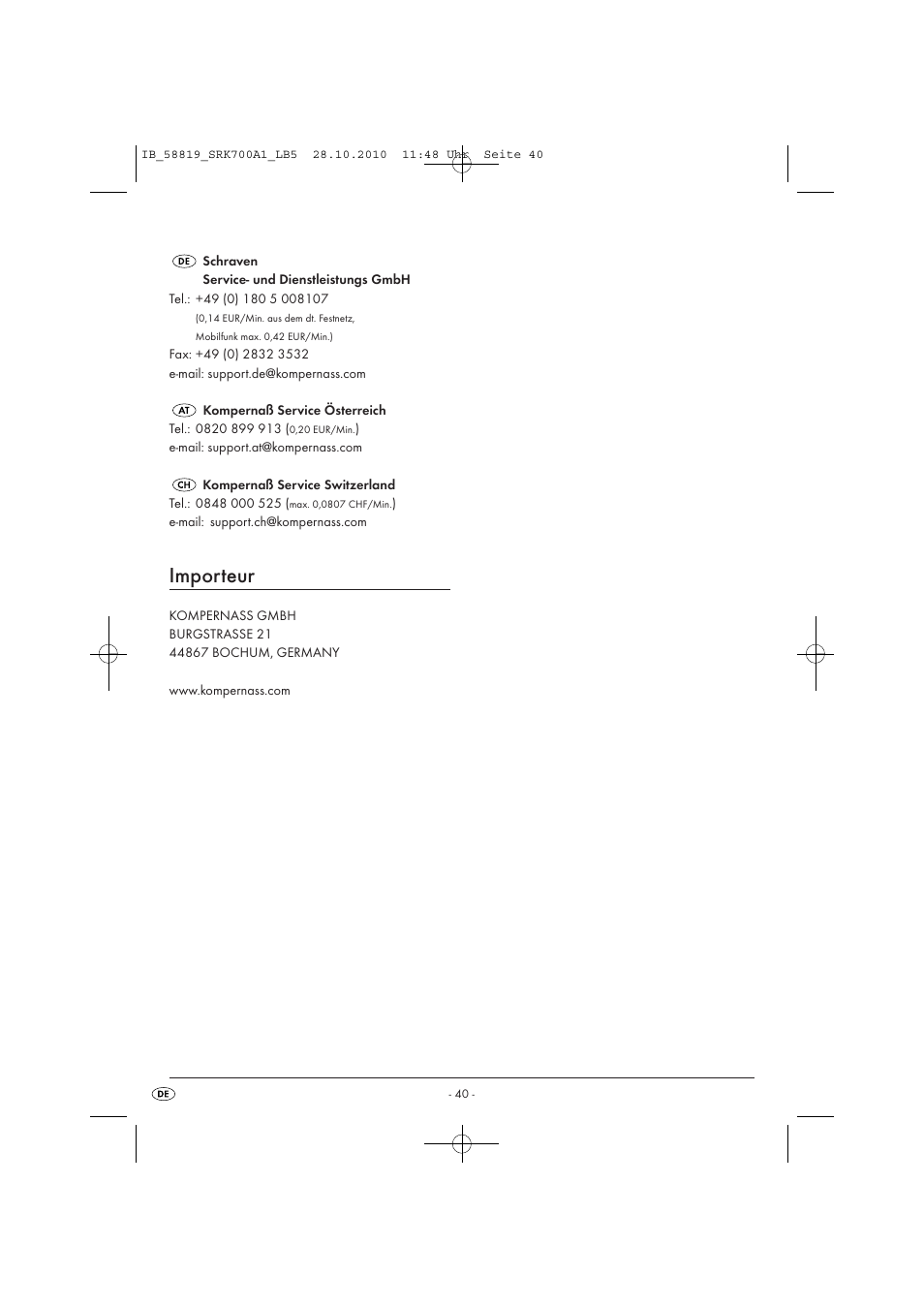 Importeur | Silvercrest SRK 700 A1 User Manual | Page 42 / 42