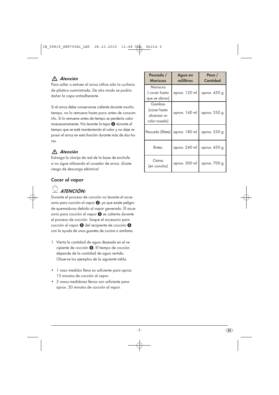Atención, Cocer al vapor atención | Silvercrest SRK 700 A1 User Manual | Page 7 / 42