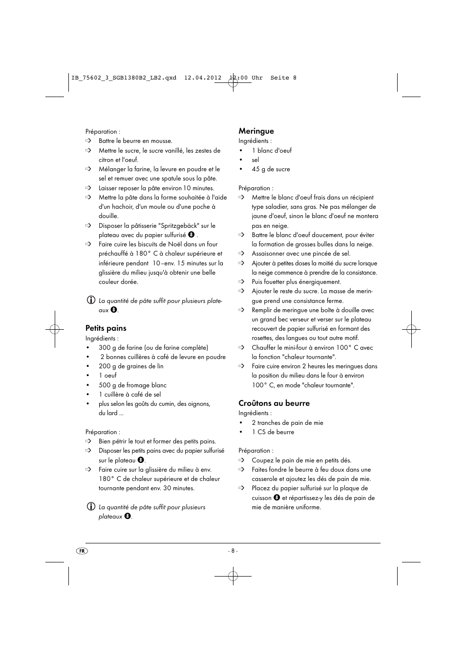 Petits pains, Meringue, Croûtons au beurre | Silvercrest SGB 1380 B2 User Manual | Page 10 / 56