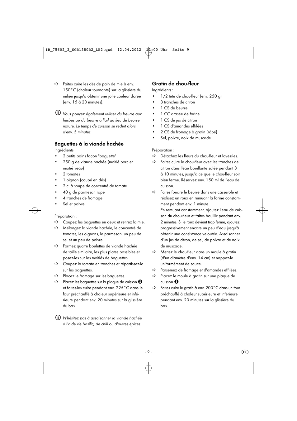 Baguettes à la viande hachée, Gratin de chou-fleur | Silvercrest SGB 1380 B2 User Manual | Page 11 / 56