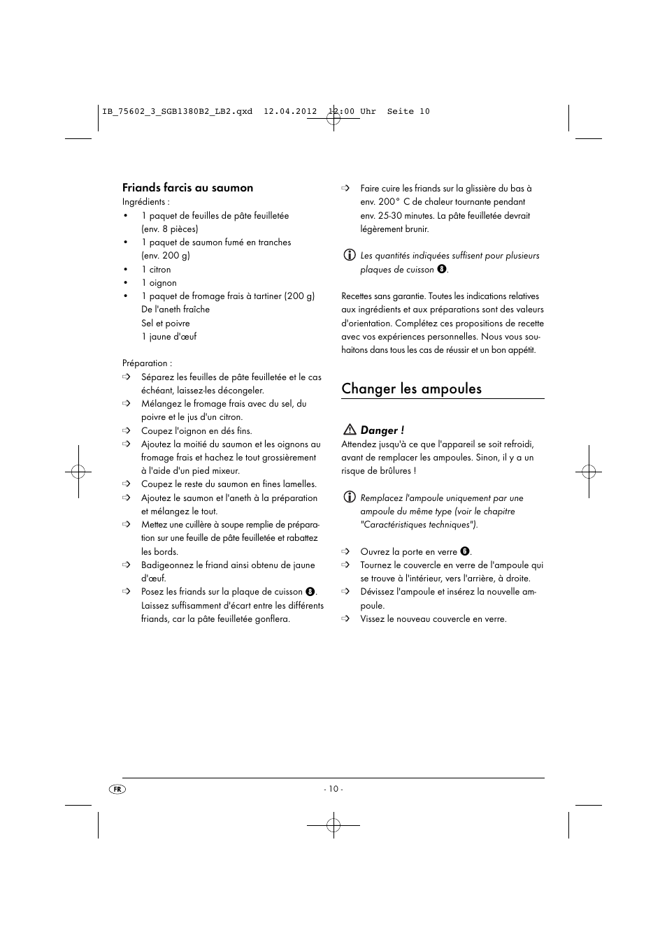 Changer les ampoules, Friands farcis au saumon, Danger | Silvercrest SGB 1380 B2 User Manual | Page 12 / 56