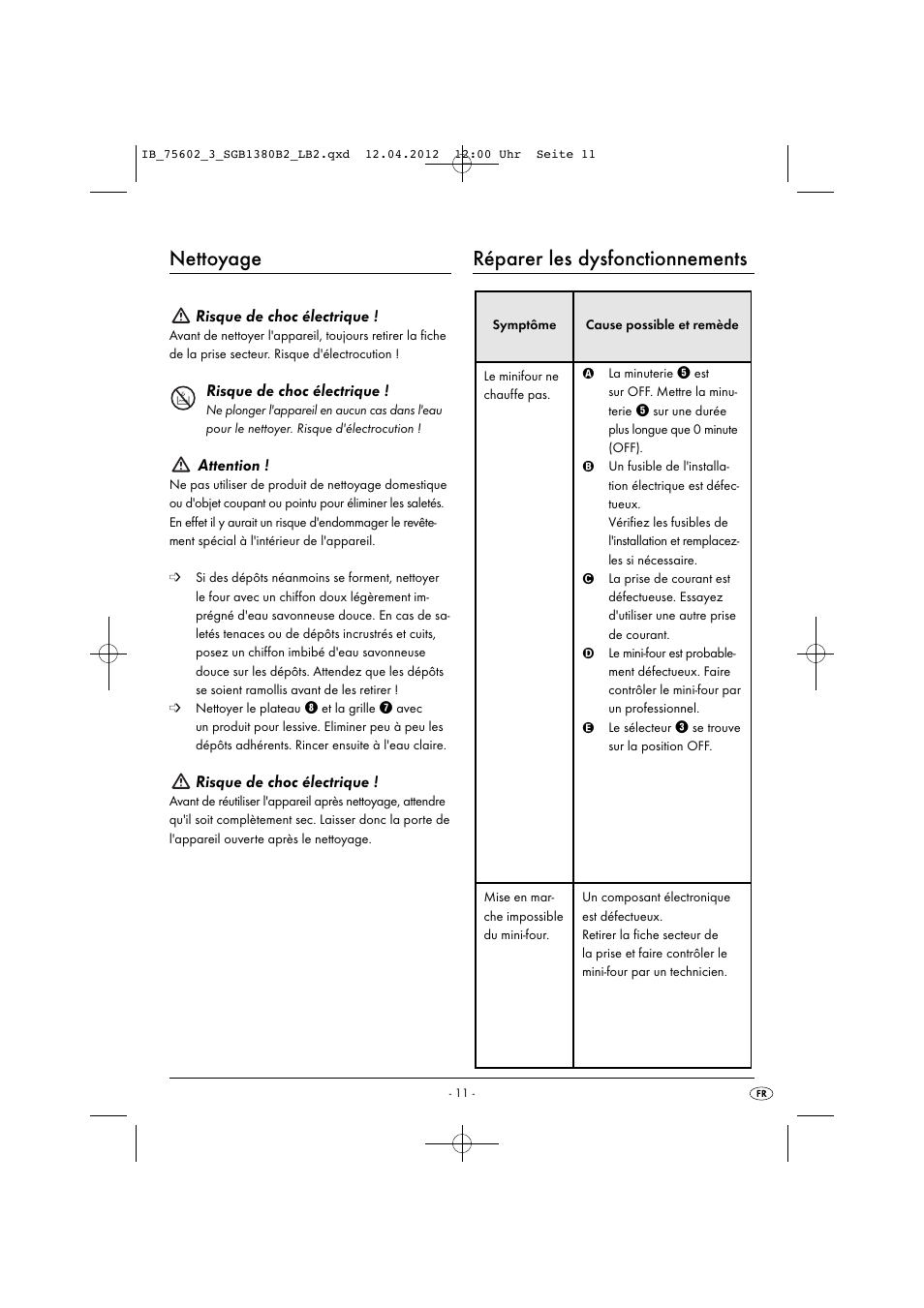 Nettoyage, Réparer les dysfonctionnements, Risque de choc électrique | Attention | Silvercrest SGB 1380 B2 User Manual | Page 13 / 56