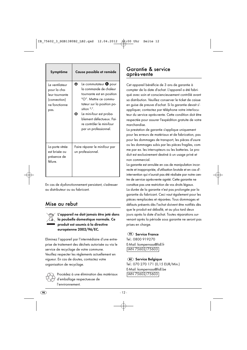 Mise au rebut, Garantie & service après-vente | Silvercrest SGB 1380 B2 User Manual | Page 14 / 56
