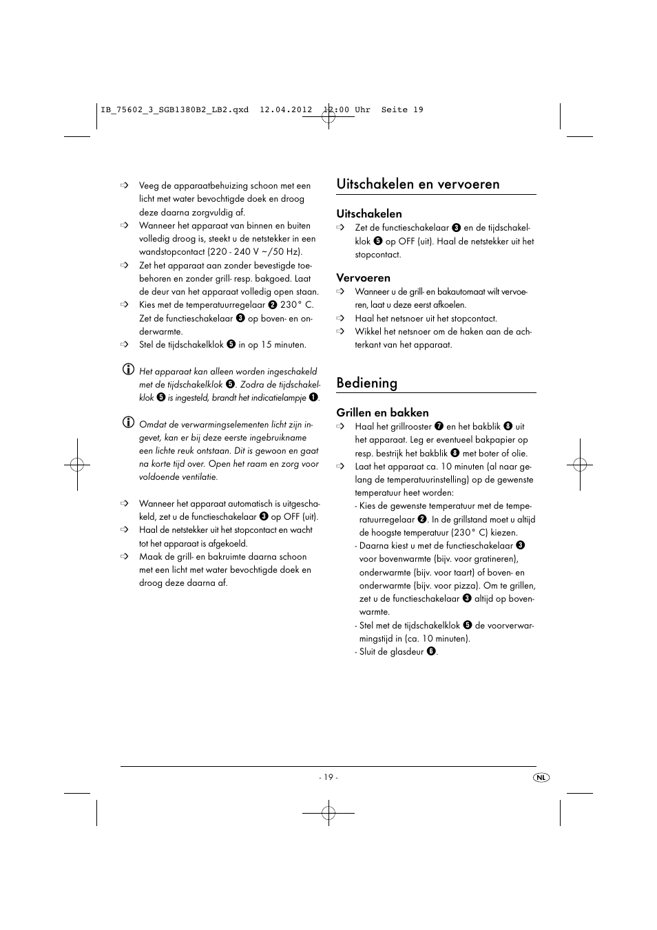 Uitschakelen en vervoeren, Bediening, Uitschakelen | Vervoeren, Grillen en bakken | Silvercrest SGB 1380 B2 User Manual | Page 21 / 56