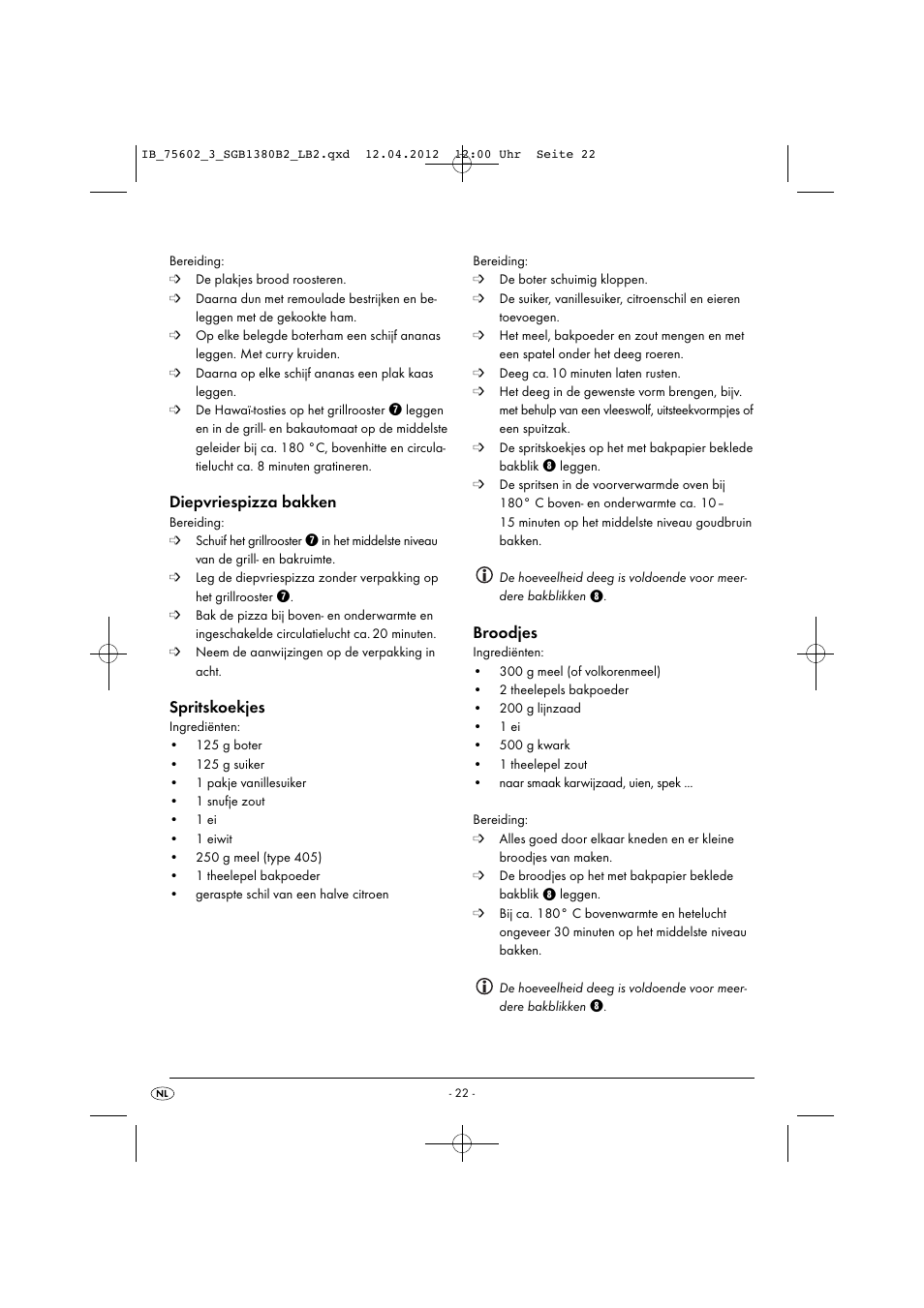 Diepvriespizza bakken, Spritskoekjes, Broodjes | Silvercrest SGB 1380 B2 User Manual | Page 24 / 56