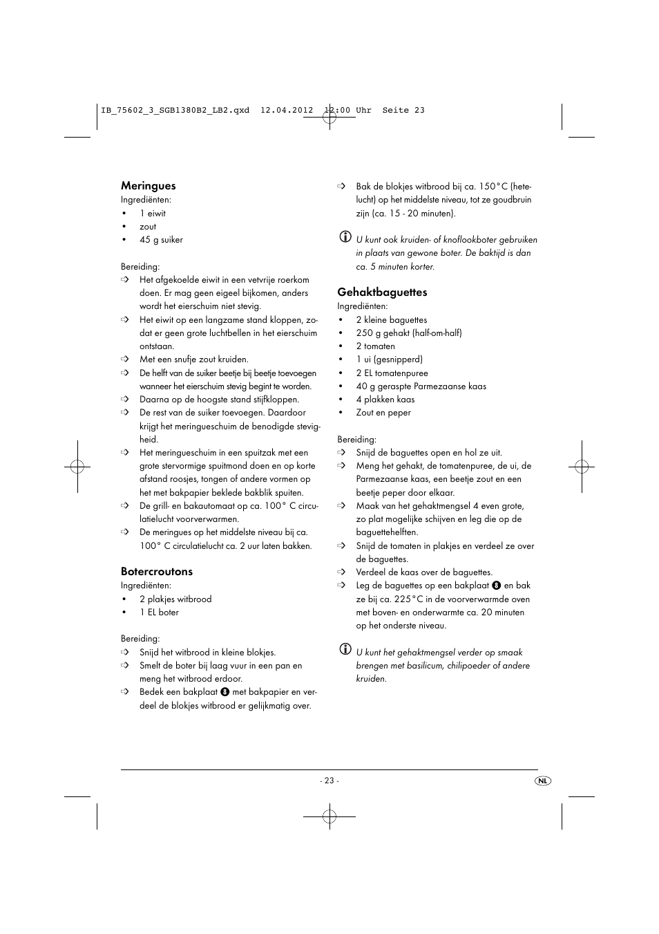 Meringues, Botercroutons, Gehaktbaguettes | Silvercrest SGB 1380 B2 User Manual | Page 25 / 56