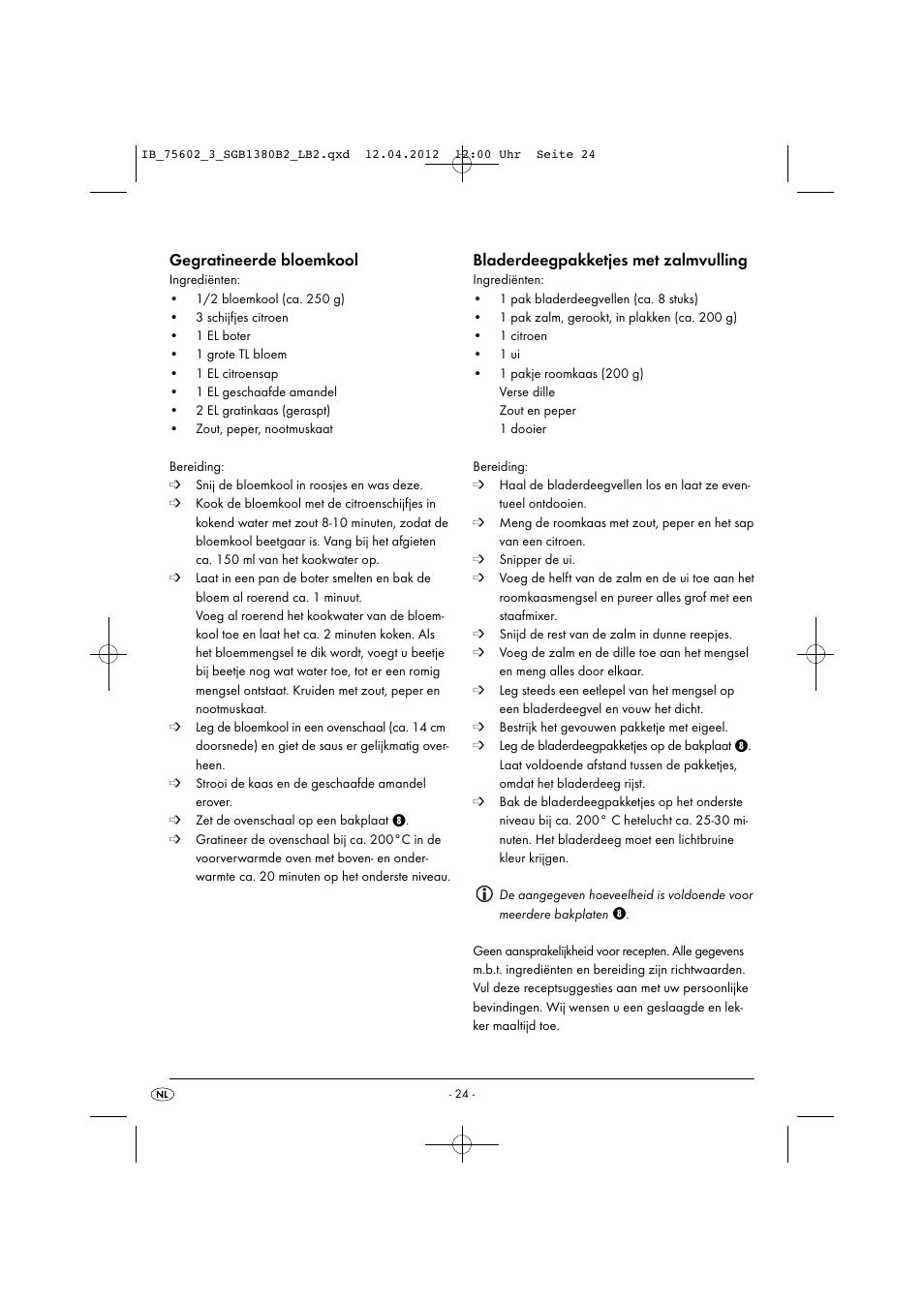 Gegratineerde bloemkool, Bladerdeegpakketjes met zalmvulling | Silvercrest SGB 1380 B2 User Manual | Page 26 / 56