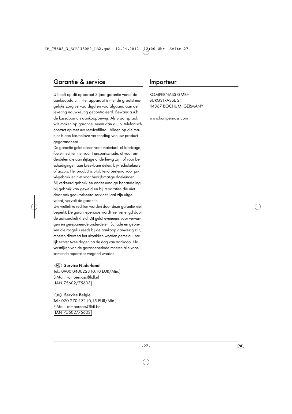 Garantie & service, Importeur | Silvercrest SGB 1380 B2 User Manual | Page 29 / 56