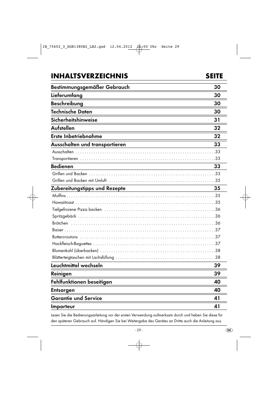 Inhaltsverzeichnis seite | Silvercrest SGB 1380 B2 User Manual | Page 31 / 56