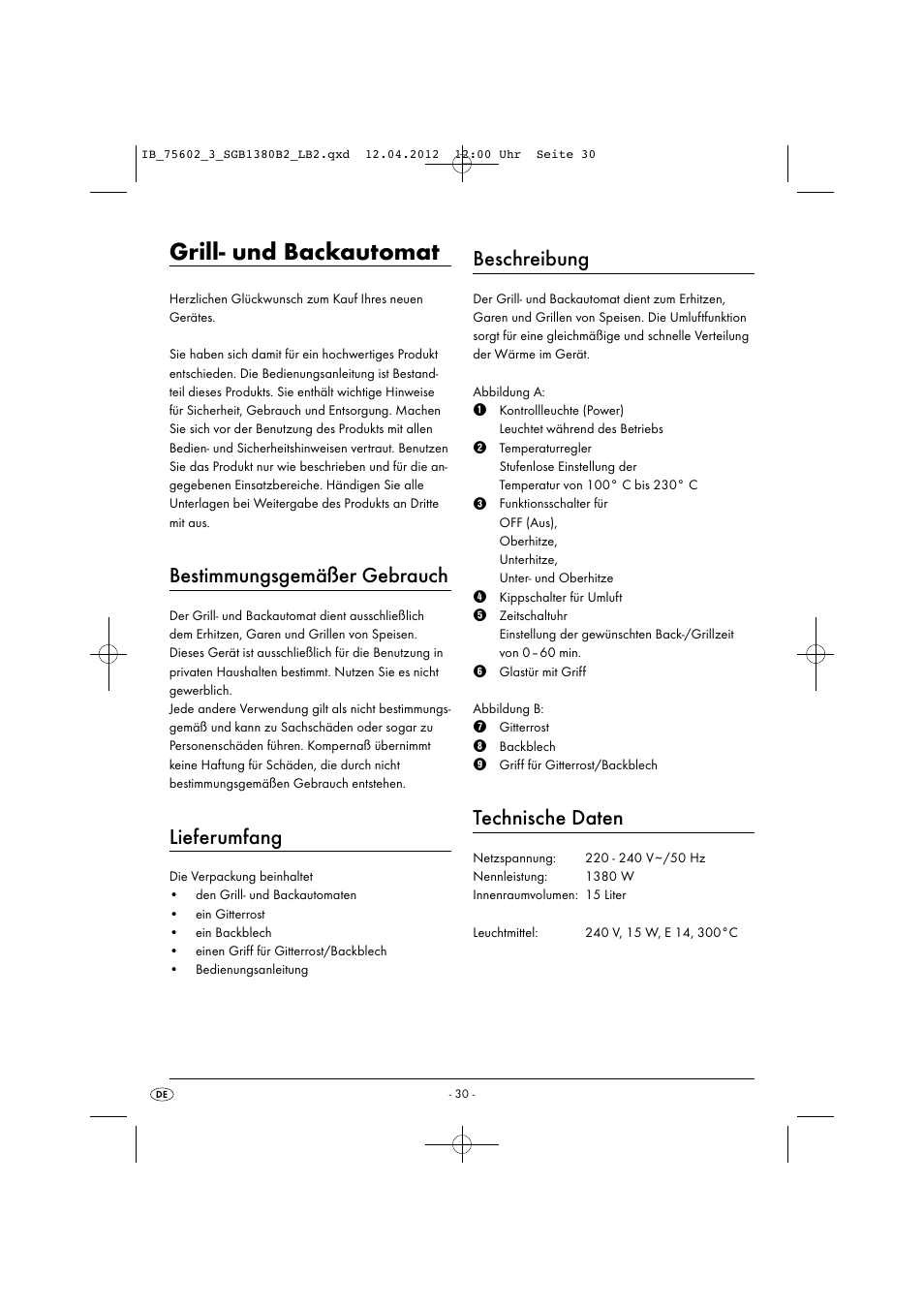 Grill- und backautomat, Bestimmungsgemäßer gebrauch, Lieferumfang | Beschreibung, Technische daten | Silvercrest SGB 1380 B2 User Manual | Page 32 / 56