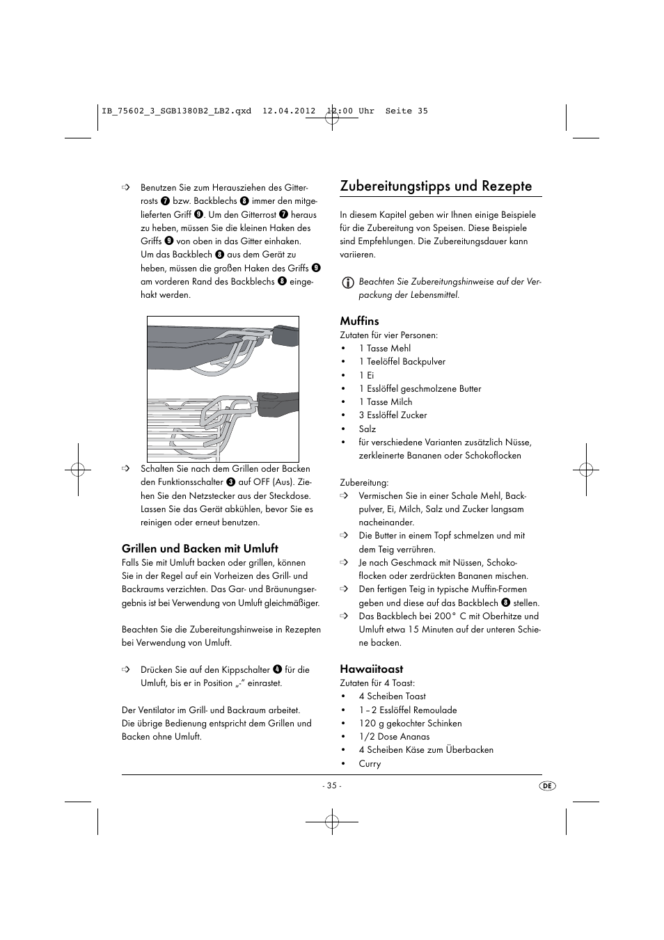 Zubereitungstipps und rezepte, Grillen und backen mit umluft, Muffins | Hawaiitoast | Silvercrest SGB 1380 B2 User Manual | Page 37 / 56