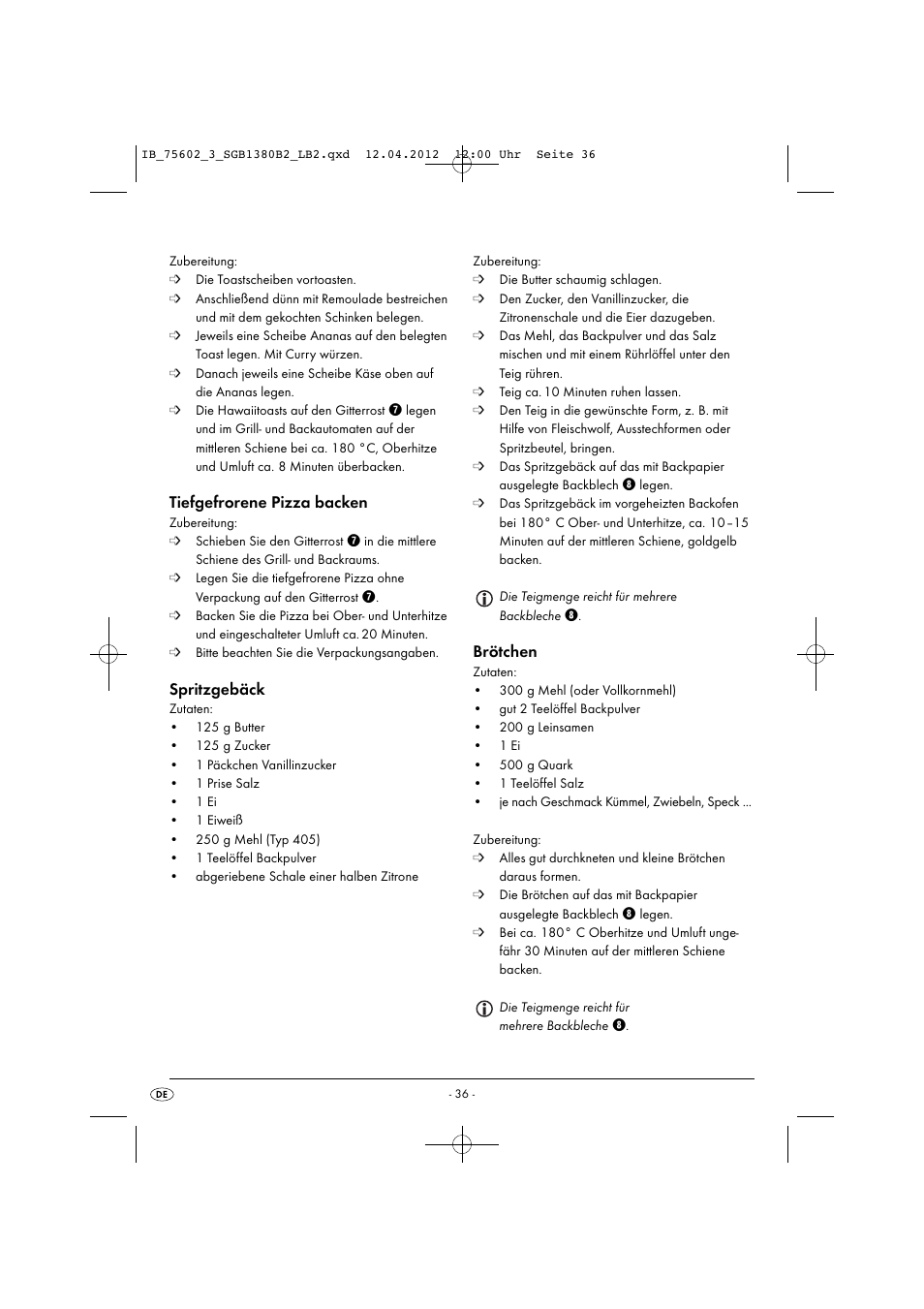 Tiefgefrorene pizza backen, Spritzgebäck, Brötchen | Silvercrest SGB 1380 B2 User Manual | Page 38 / 56