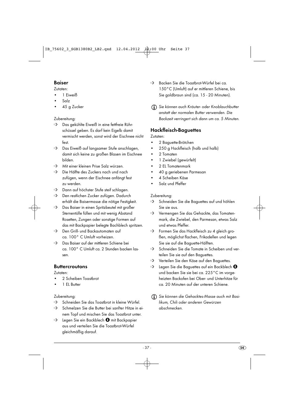 Baiser, Buttercroutons, Hackfleisch-baguettes | Silvercrest SGB 1380 B2 User Manual | Page 39 / 56