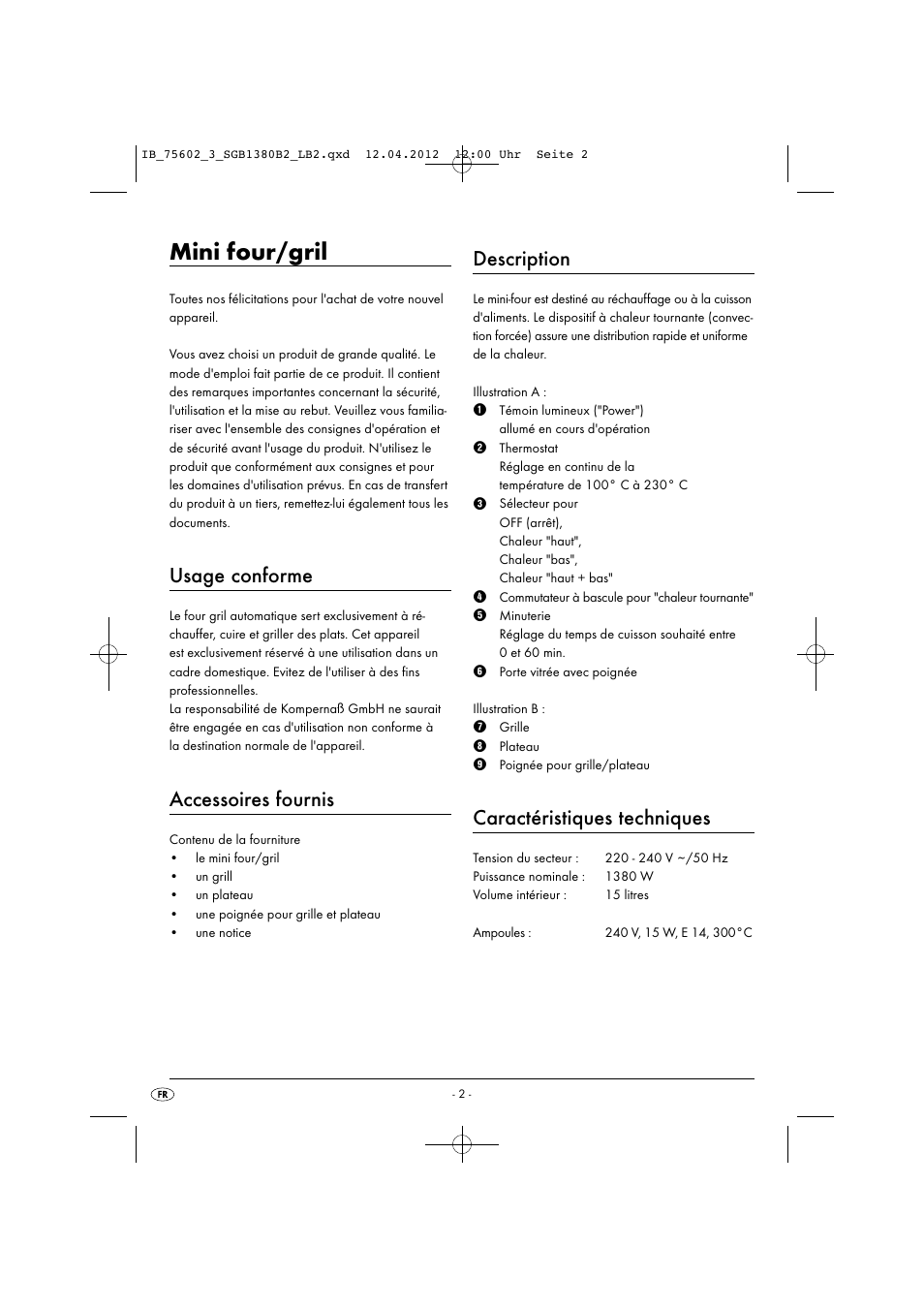 Mini four/gril, Usage conforme, Accessoires fournis | Description, Caractéristiques techniques | Silvercrest SGB 1380 B2 User Manual | Page 4 / 56