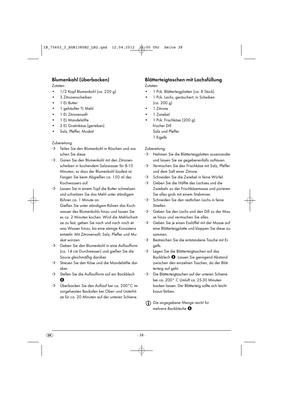 Blumenkohl (überbacken), Blätterteigtaschen mit lachsfüllung | Silvercrest SGB 1380 B2 User Manual | Page 40 / 56