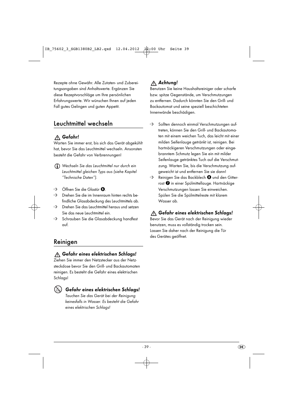 Leuchtmittel wechseln, Reinigen | Silvercrest SGB 1380 B2 User Manual | Page 41 / 56