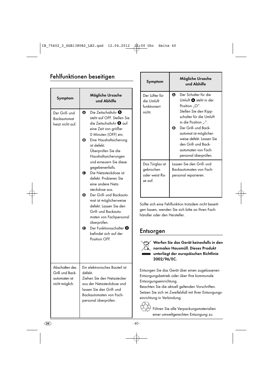 Fehlfunktionen beseitigen, Entsorgen | Silvercrest SGB 1380 B2 User Manual | Page 42 / 56