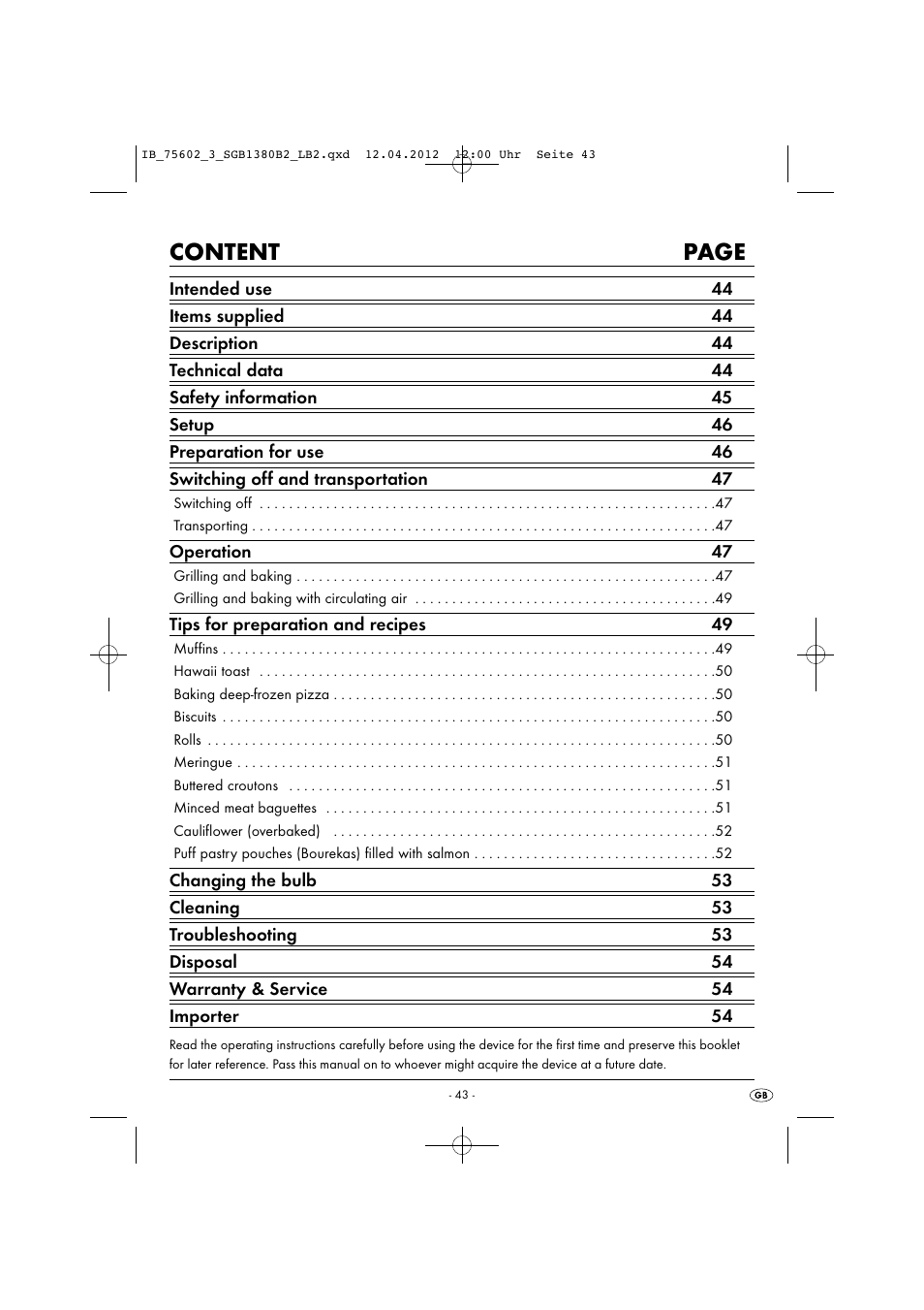 Content page | Silvercrest SGB 1380 B2 User Manual | Page 45 / 56