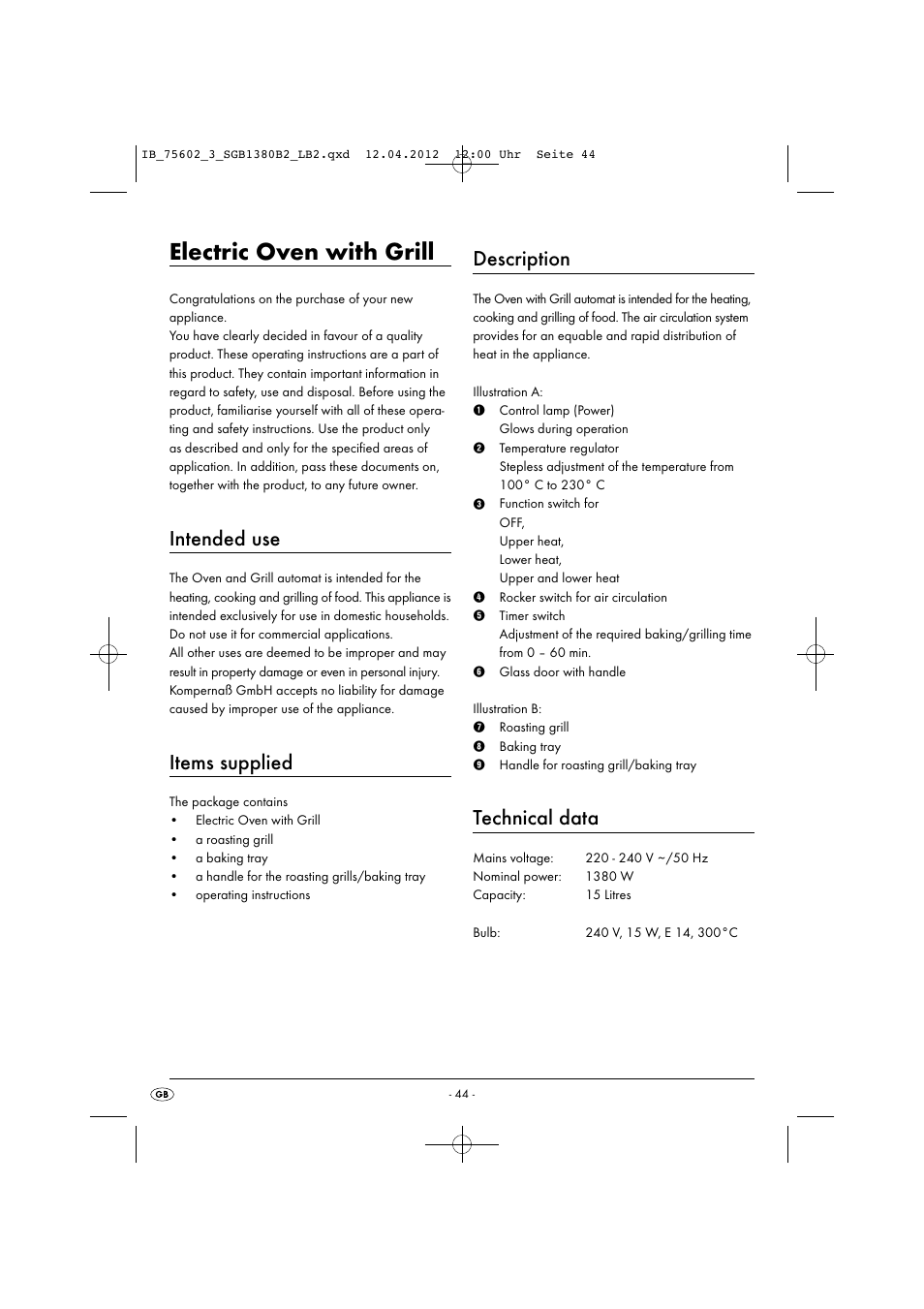 Electric oven with grill, Intended use, Items supplied | Description, Technical data | Silvercrest SGB 1380 B2 User Manual | Page 46 / 56