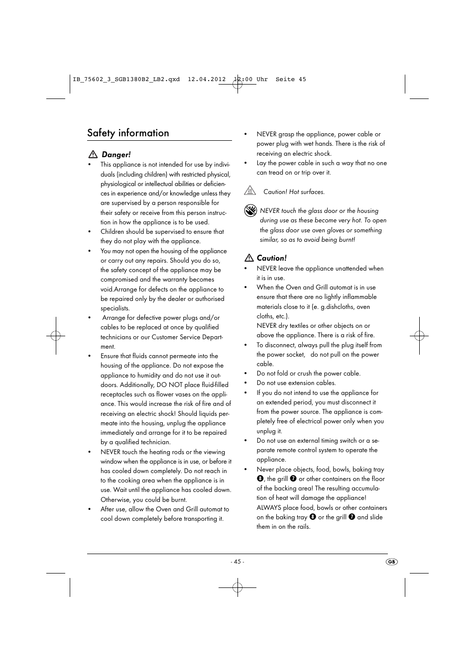 Safety information, Danger, Caution | Silvercrest SGB 1380 B2 User Manual | Page 47 / 56