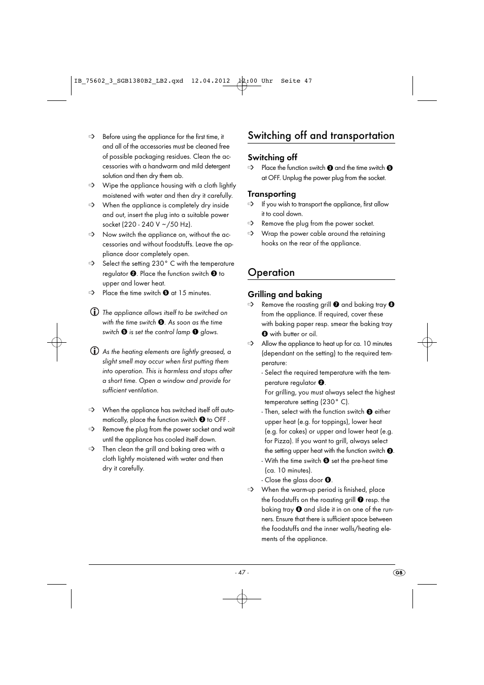 Switching off and transportation, Operation, Switching off | Transporting, Grilling and baking | Silvercrest SGB 1380 B2 User Manual | Page 49 / 56