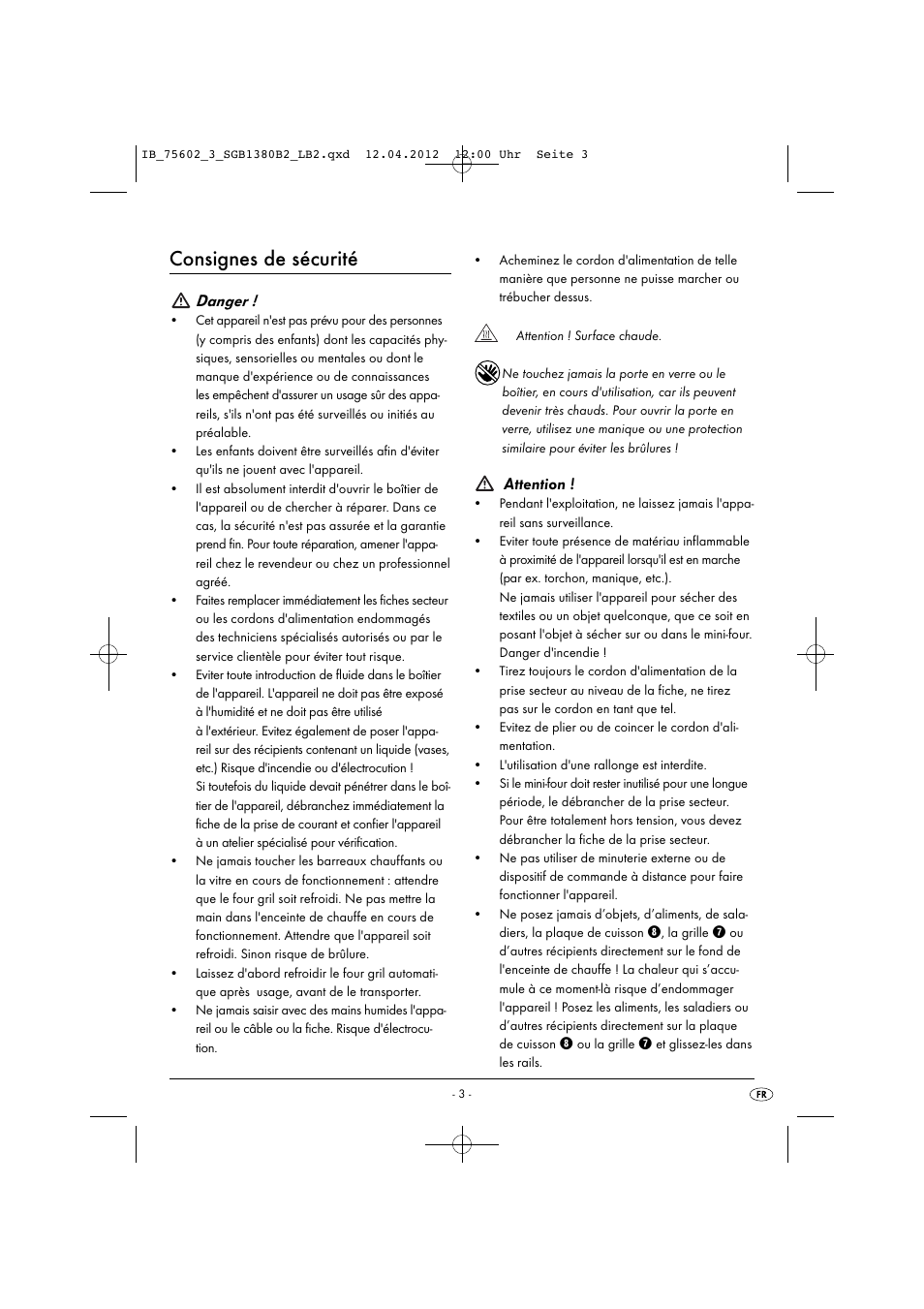 Consignes de sécurité, Danger, Attention | Silvercrest SGB 1380 B2 User Manual | Page 5 / 56