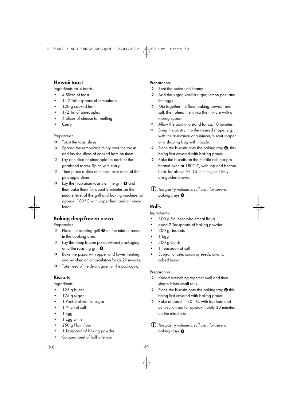 Hawaii toast, Baking deep-frozen pizza, Biscuits | Rolls | Silvercrest SGB 1380 B2 User Manual | Page 52 / 56