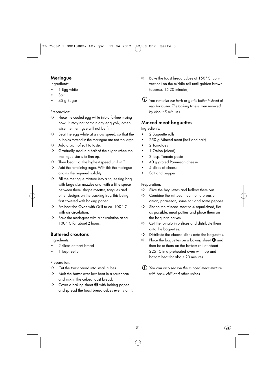 Meringue, Buttered croutons, Minced meat baguettes | Silvercrest SGB 1380 B2 User Manual | Page 53 / 56