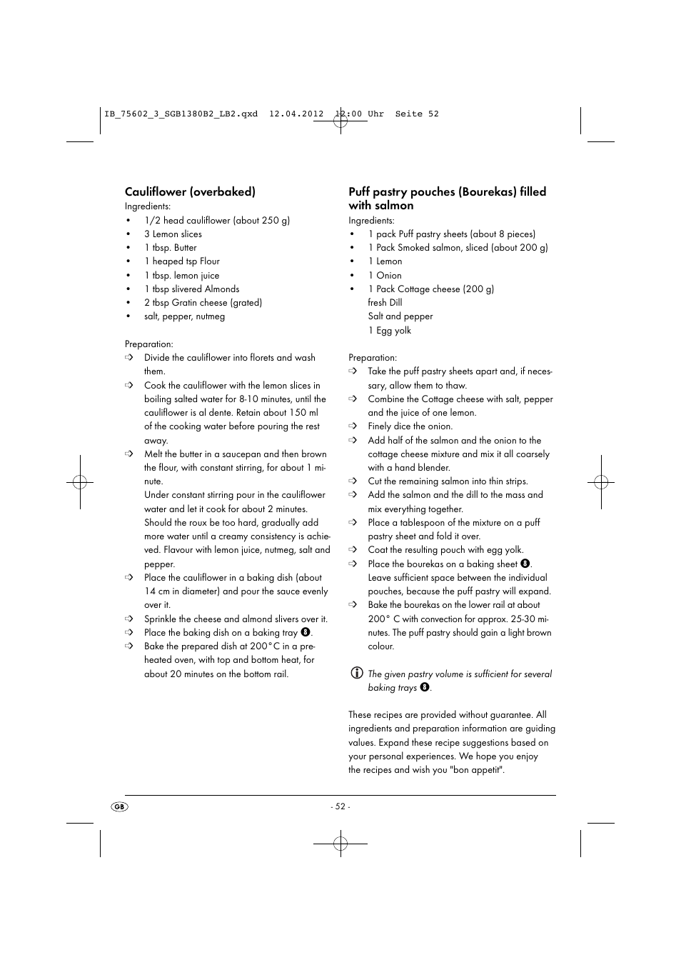 Cauliflower (overbaked), Puff pastry pouches (bourekas) filled with salmon | Silvercrest SGB 1380 B2 User Manual | Page 54 / 56