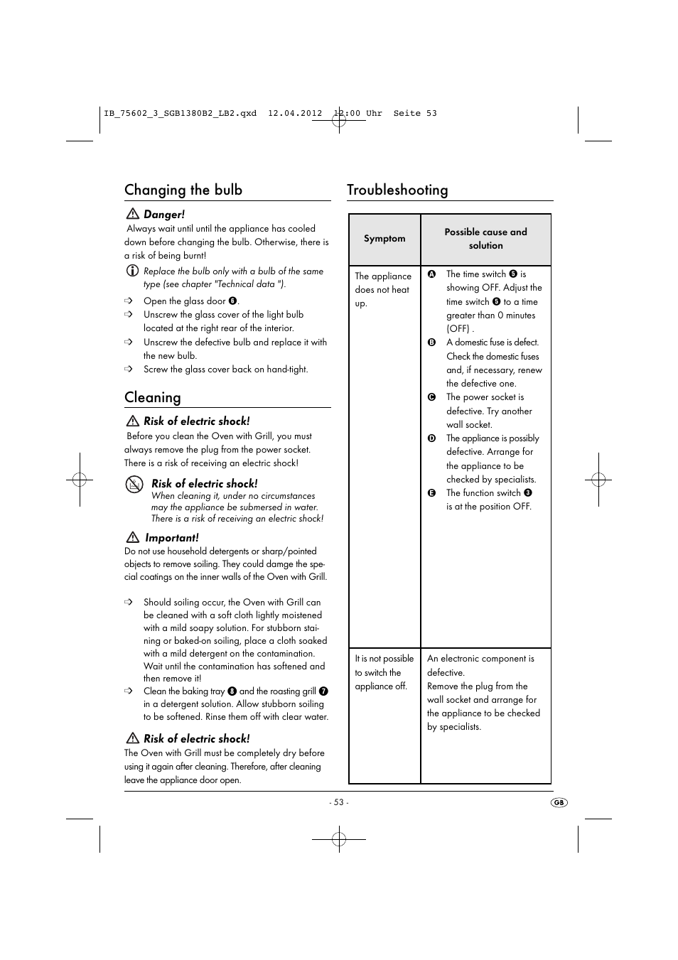 Changing the bulb, Cleaning, Troubleshooting | Danger, Risk of electric shock, Important | Silvercrest SGB 1380 B2 User Manual | Page 55 / 56